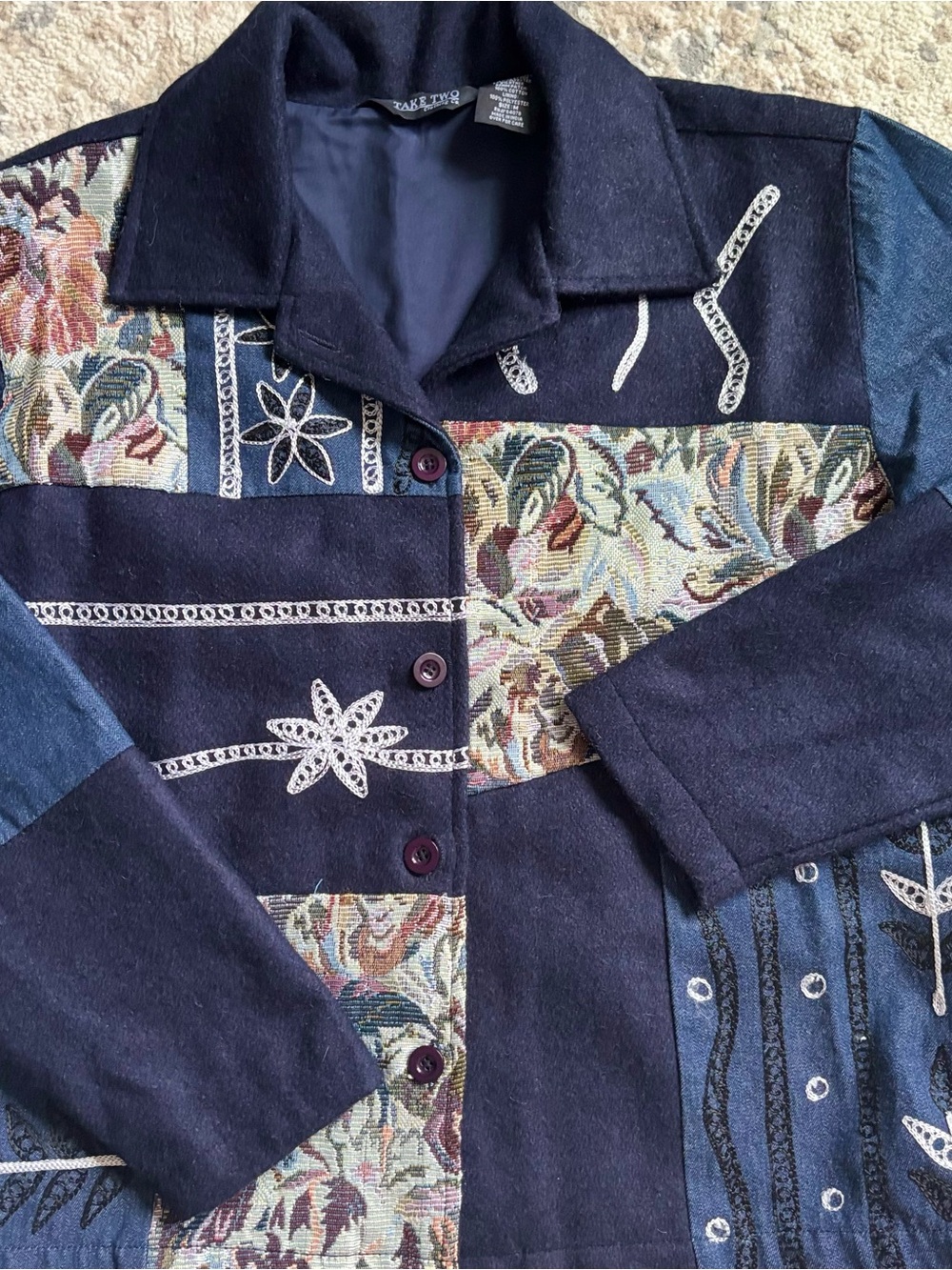 Vintage M Navy Patchwork Embroidered Women's Jean Jacket